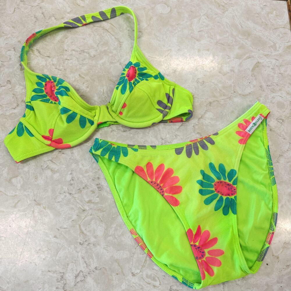VTG 1980s Neon Floral Body Glove Bikini Swimsuit size medium